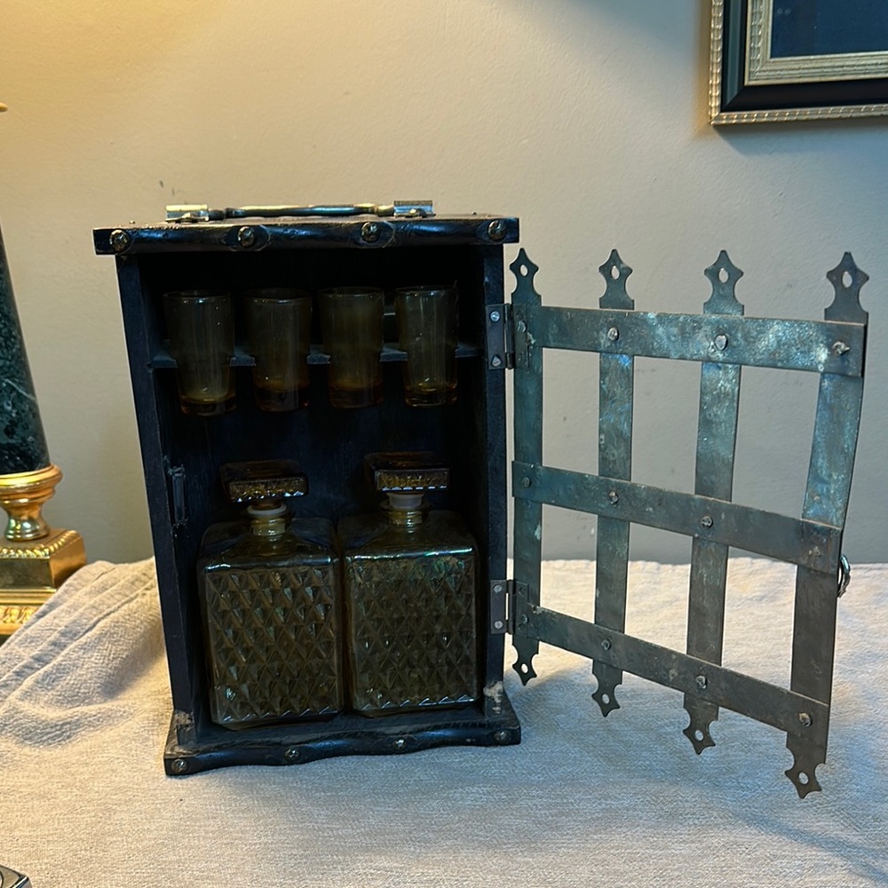 Vintage Shakespeare book Glass Decanter Set with Metal and wood Case